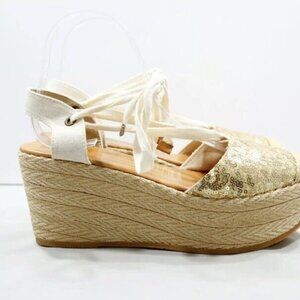 Silvia Cobos Handmade‎ Gold Sequin Platform Lace Up 3" Wedge 7 Summer Women Shoe
